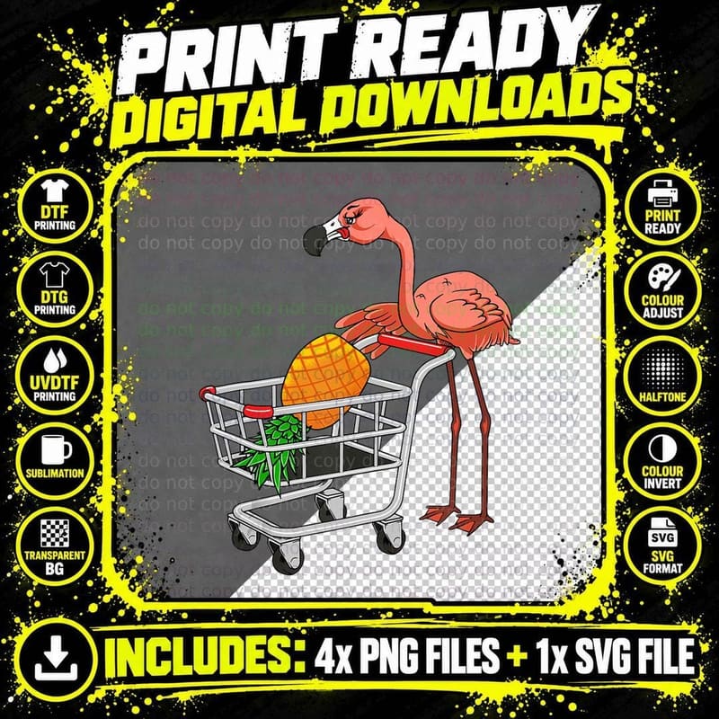 Swinging Flamingo with Shopping Cart and Swinger Png SVG Digital Bundle