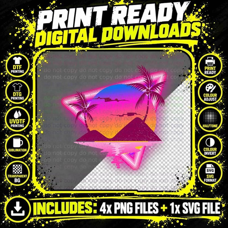 Synthwave Sunset Tropical Summer Surfer Vaporwave Png SVG Digital Bundle