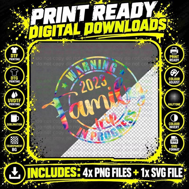 Tie Dye Warning Family Trip in Progress Vacation T-Shirt Png SVG Digital Bundle