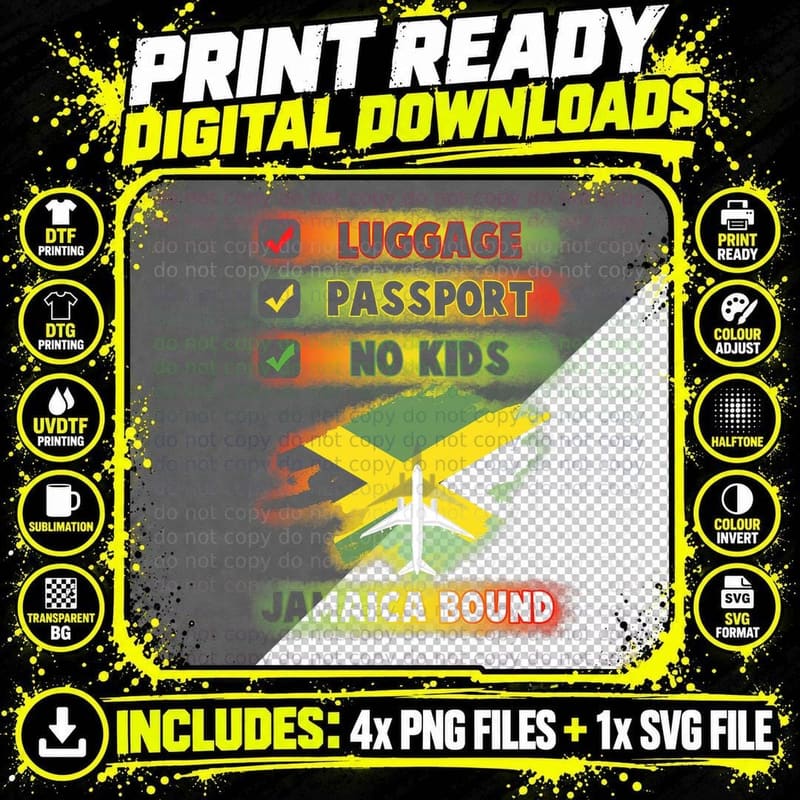 Travel Vacation to Jamaica Bound Luggage Passport No Png SVG Digital Bundle