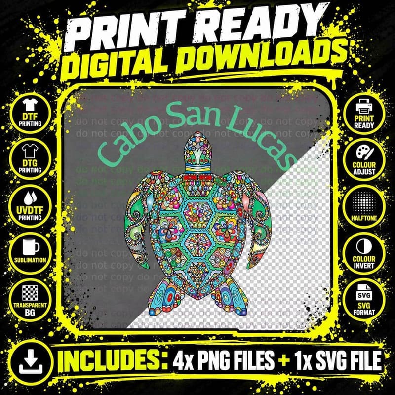 Tribal Turtle Cabo San Lucas T-Shirt, Colorful Artwork Png SVG Digital Bundle