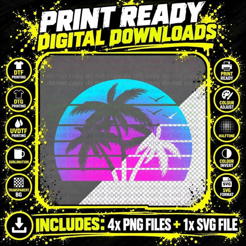 Tropical Hawaiian Palm Tree Vaporwave Hawaii Beach EDM Png SVG Digital Bundle