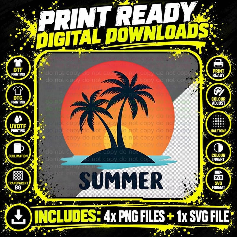Tropical Sunset Palm Trees Island & Water Summer Graphic Png SVG Digital Bundle