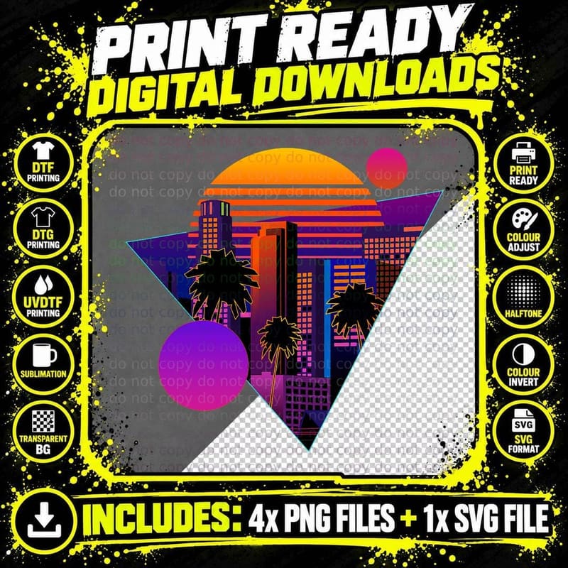 Vaporwave Aesthetic Palm Tree Shirt Skyline City Sunset Png SVG Digital Bundle