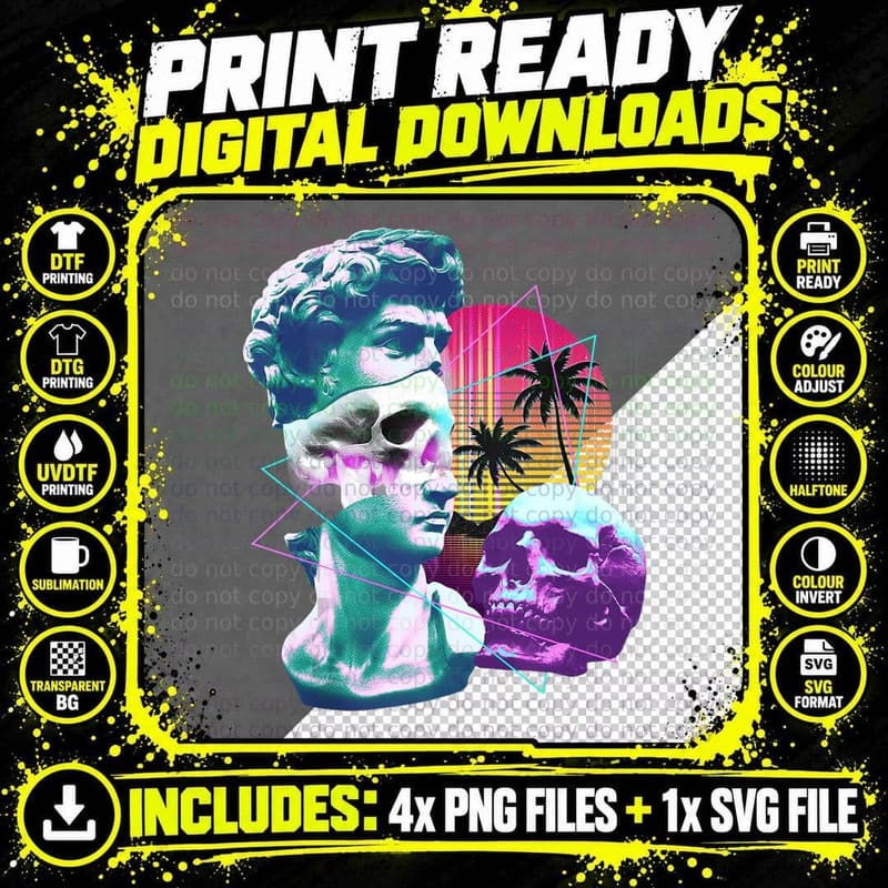 Vaporwave David Bust Statue with Skulls Palm Tree Art Png SVG Digital Bundle