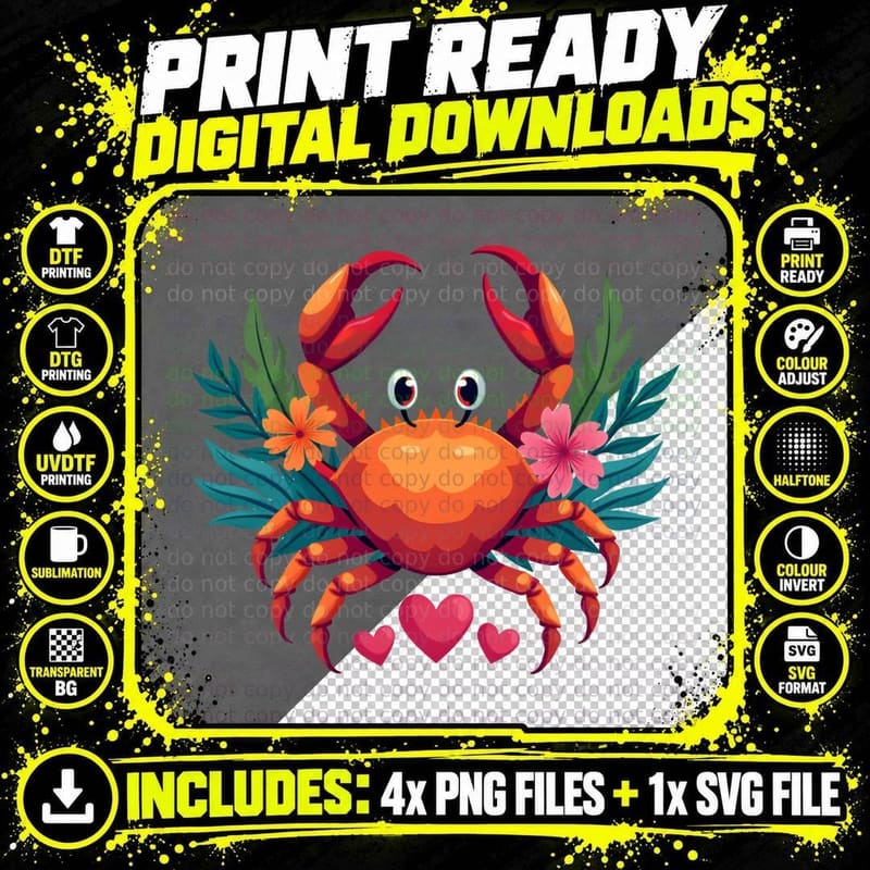 Vibrant Multicolored Crab Tropical T-Shirt Png SVG Digital Bundle