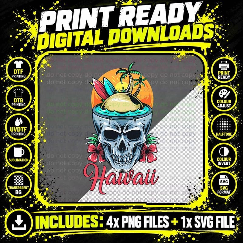 Vinage Hawaiian Souvenir Hawaii Skull Surfing Flowers Png SVG Digital Bundle