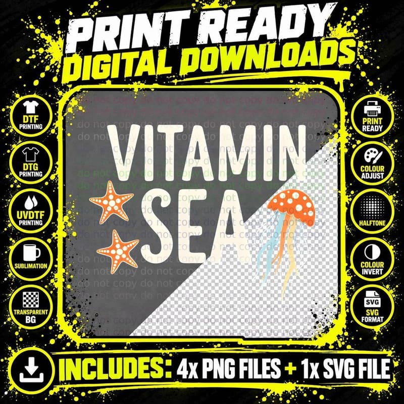 Vitamin Sea Jellyfish Starfish Beach Summer Ocean Lover Png SVG Digital Bundle