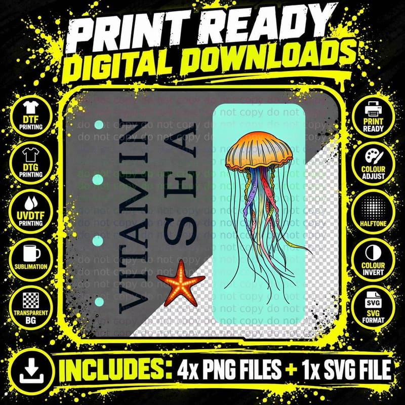 Vitamin Sea Starfish Jellyfish Ocean Beach Vacation Png SVG Digital Bundle