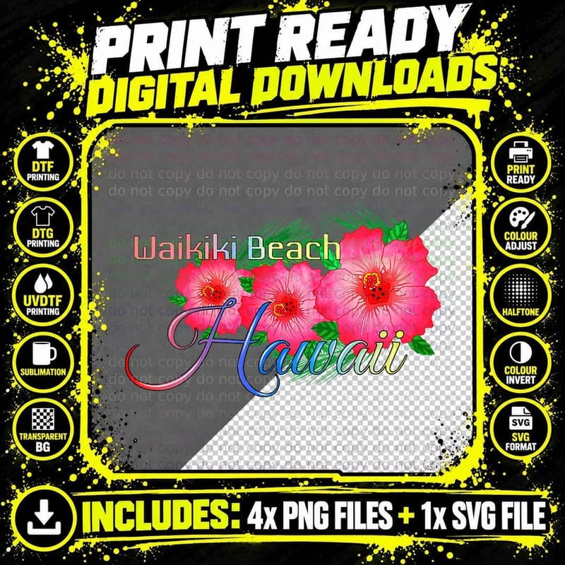Waikiki Beach Hawaii Tropical Flowers Family Vacation Png SVG Digital Bundle
