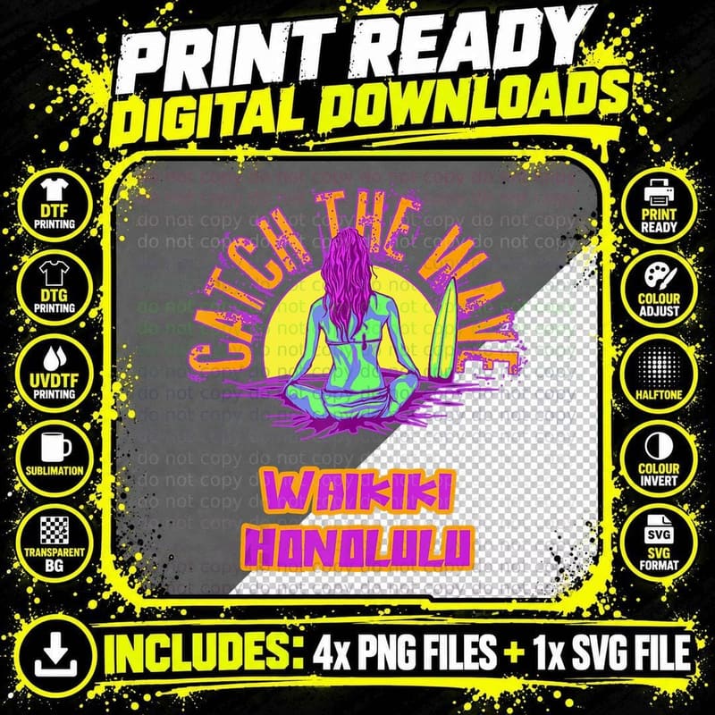 Waikiki Honolulu Shirt Surfing Vaporwave Aesthetic Beach Png SVG Digital Bundle