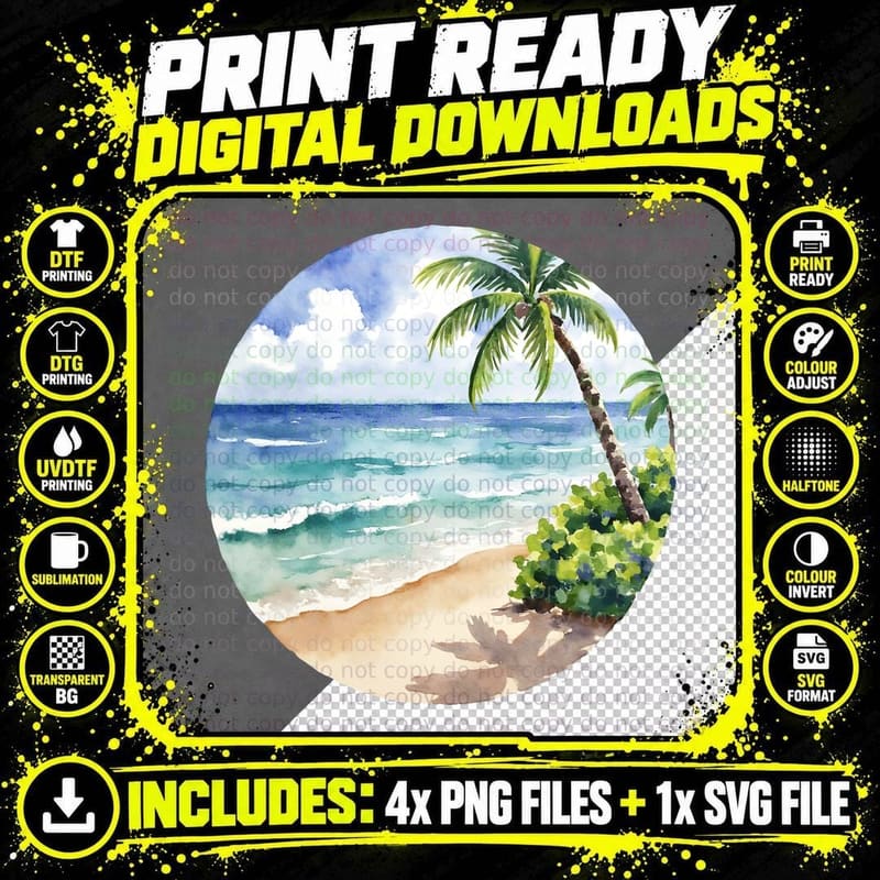 Watercolor Beach Palm Tree Ocean Waves Sand Nature Lover Png SVG Digital Bundle