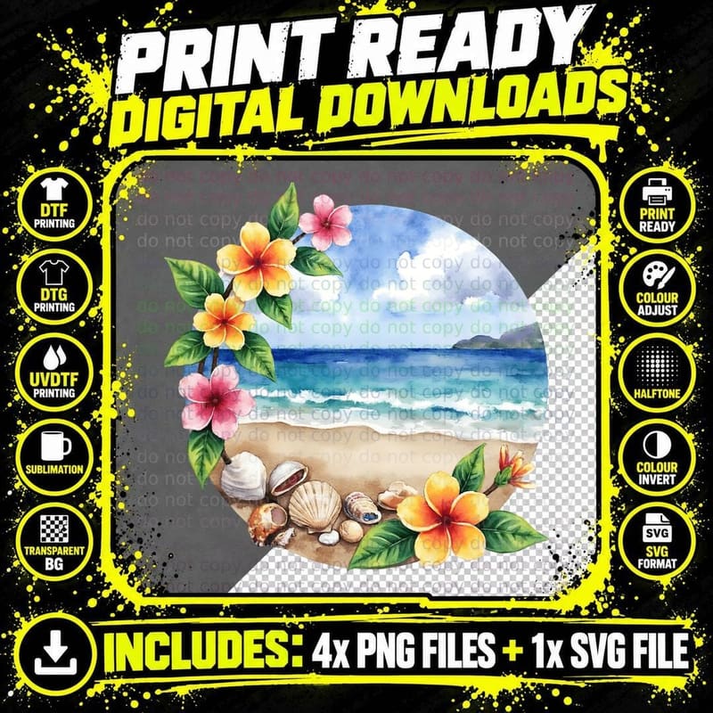Watercolor Beach Seashells Plumeria Flowers Ocean Scene Png SVG Digital Bundle
