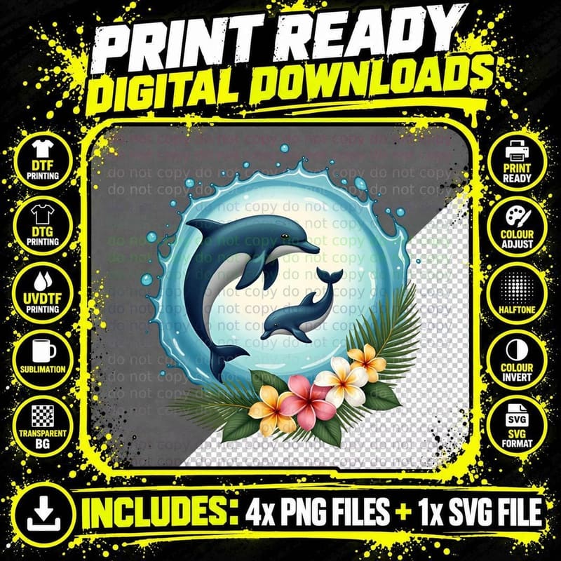 Watercolor Dolphin Tropical T-Shirt Png SVG Digital Bundle