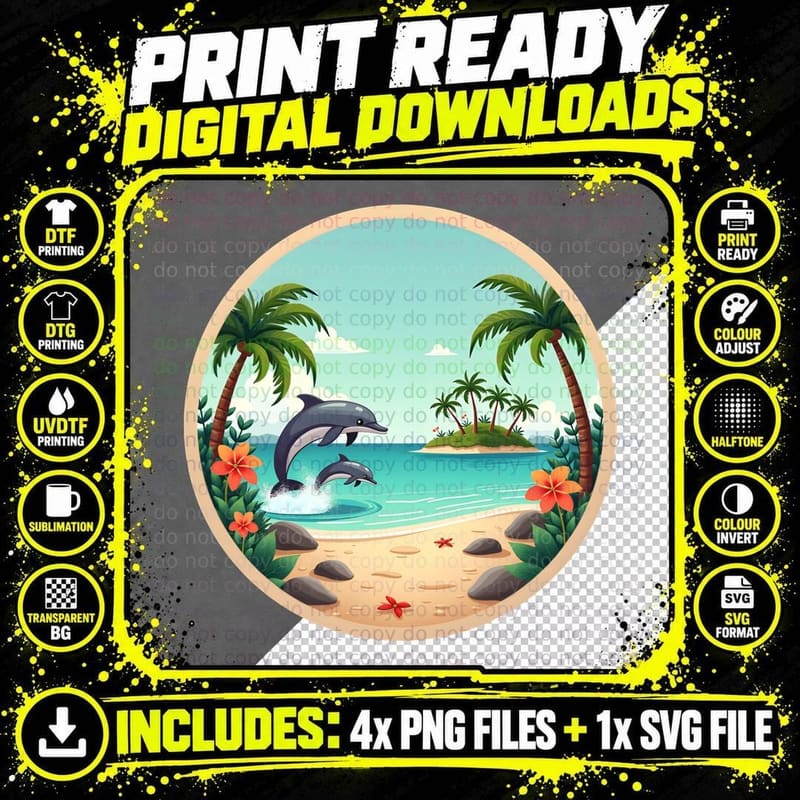 Whimsical Dolphin Tropical Beach T-Shirt Png SVG Digital Bundle