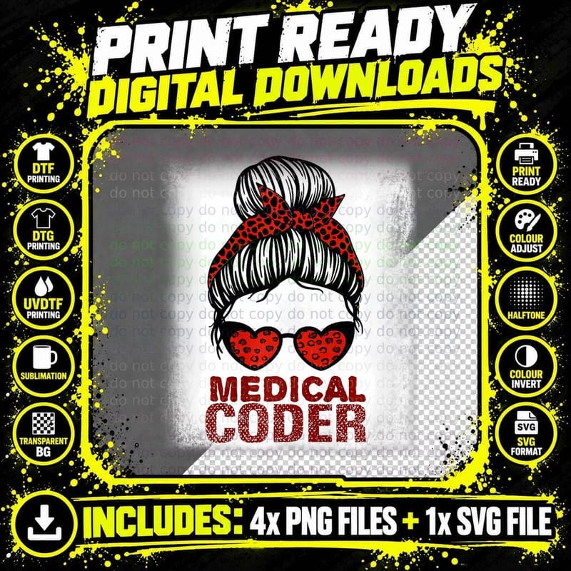 Assistant Coding Messy Hair Woman Medical Coder T-Shirt Png SVG Digital Bundle