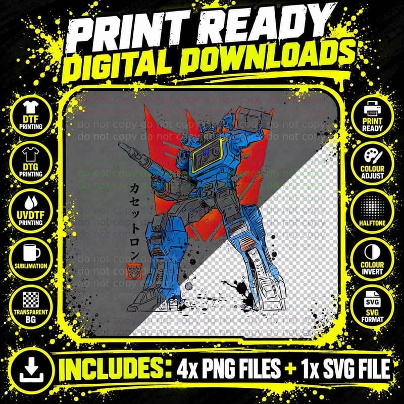 Blue Robot Japanese Mecha Halftone T-Shirt Png SVG Digital Bundle