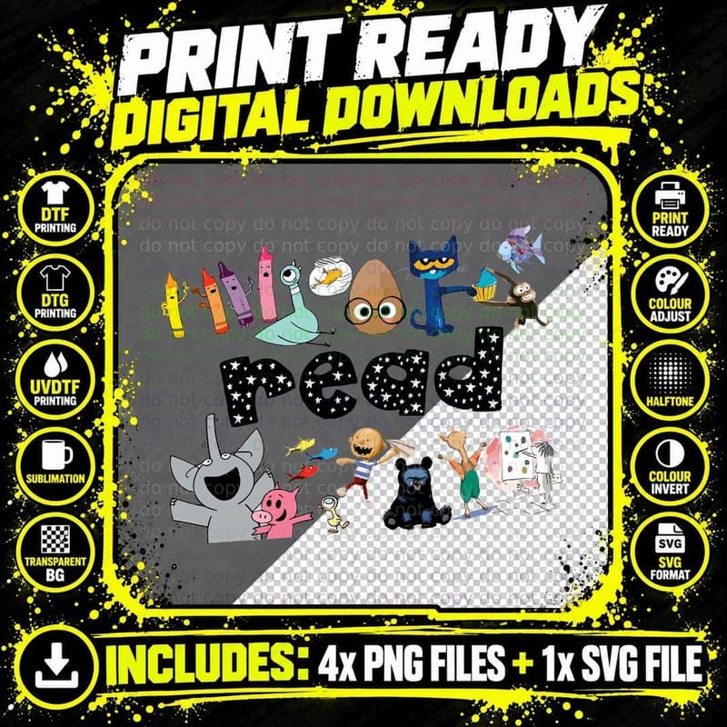 Children's Book Characters T-Shirt, Reading Nerd Style Png SVG Digital Bundle