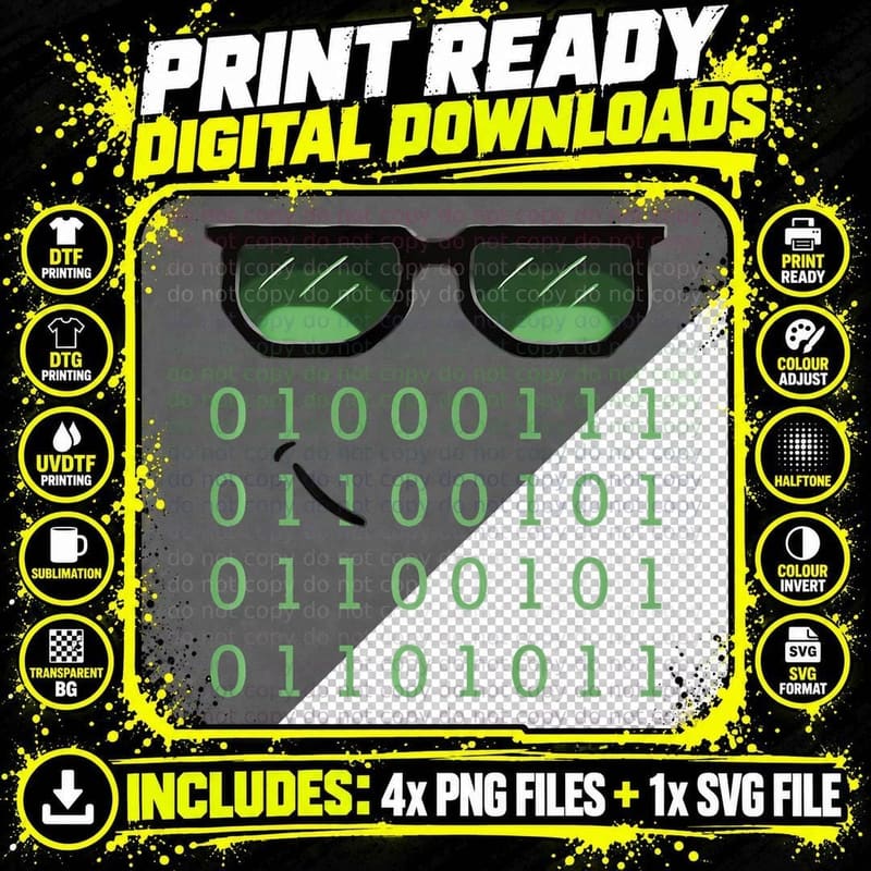 Cool Programming, Geek with Sunglasses and Binary Coding Png SVG Digital Bundle