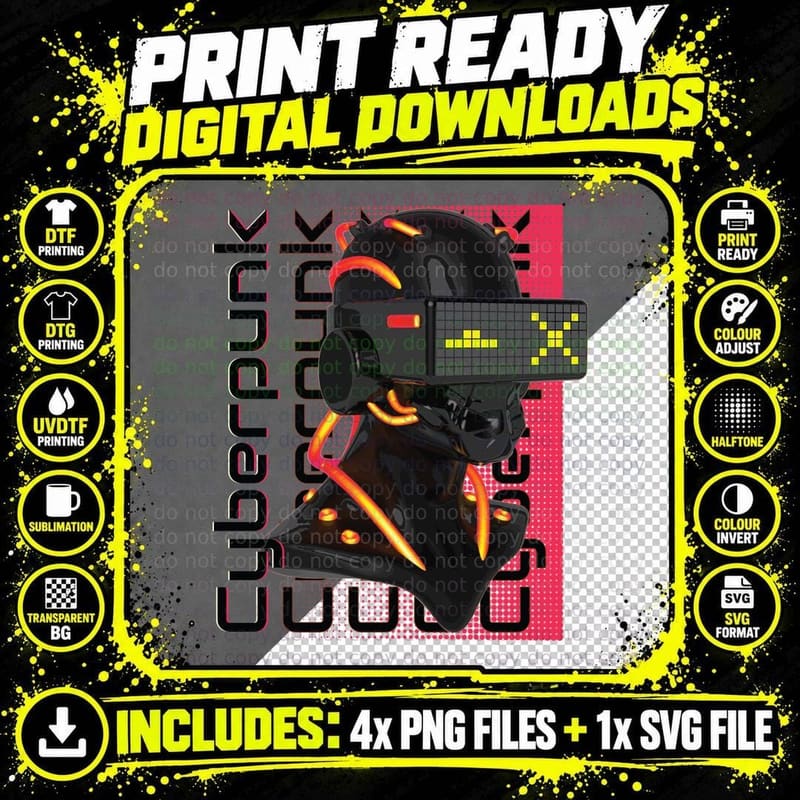 Cyberpunk Black Pink Robot Neon Futuristic T-Shirt Png SVG Digital Bundle