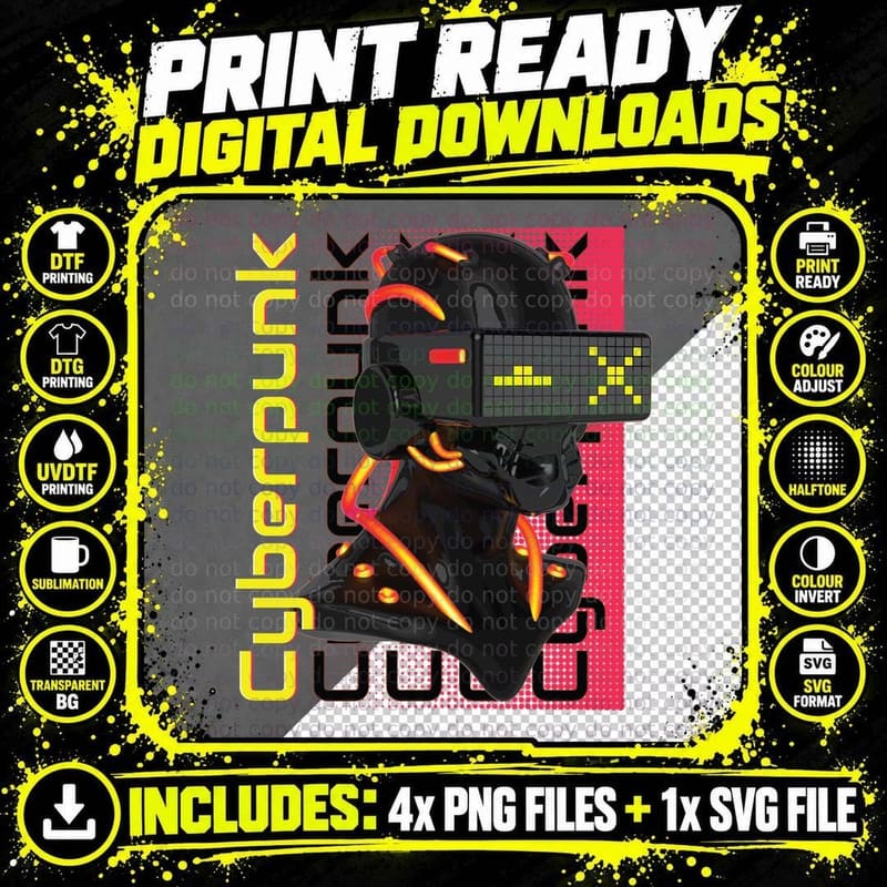 Cyberpunk Black Yellow Robot Neon Futuristic T-Shirt Png SVG Digital Bundle