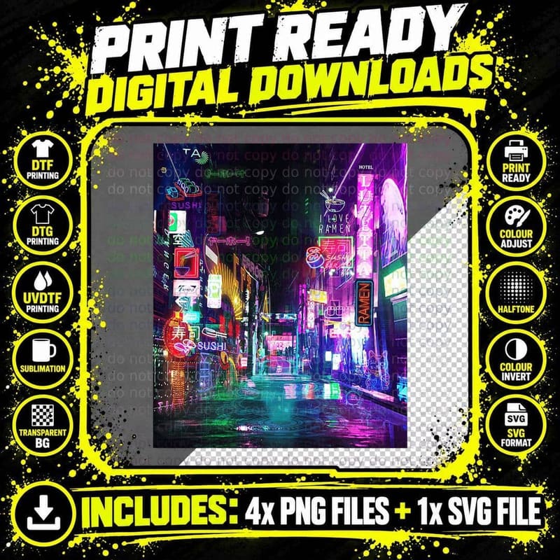 Cyberpunk City Sci Fi Night Tokyo Japan Urban Noir Png SVG Digital Bundle