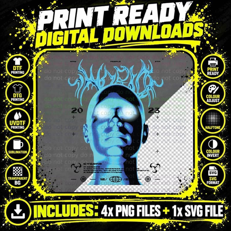 Cyberpunk Futuristic Neon Head Blue Glowing Sci-Fi Png SVG Digital Bundle