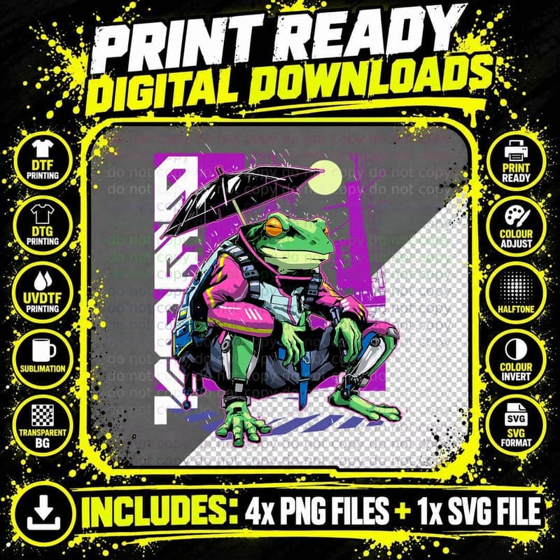 Cyberpunk Robot Frog Toad Futuristic Japanese Aesthetic Png SVG Digital Bundle