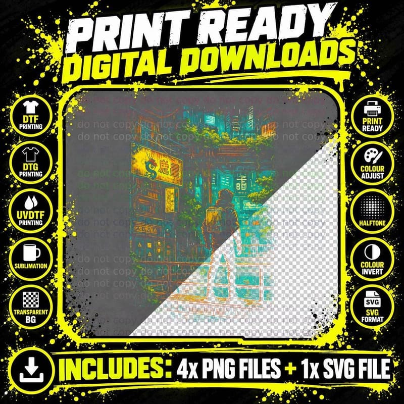 Cyberpunk Ruins T-Shirt, Halftone Overgrown Cyber Ruins Png SVG Digital Bundle