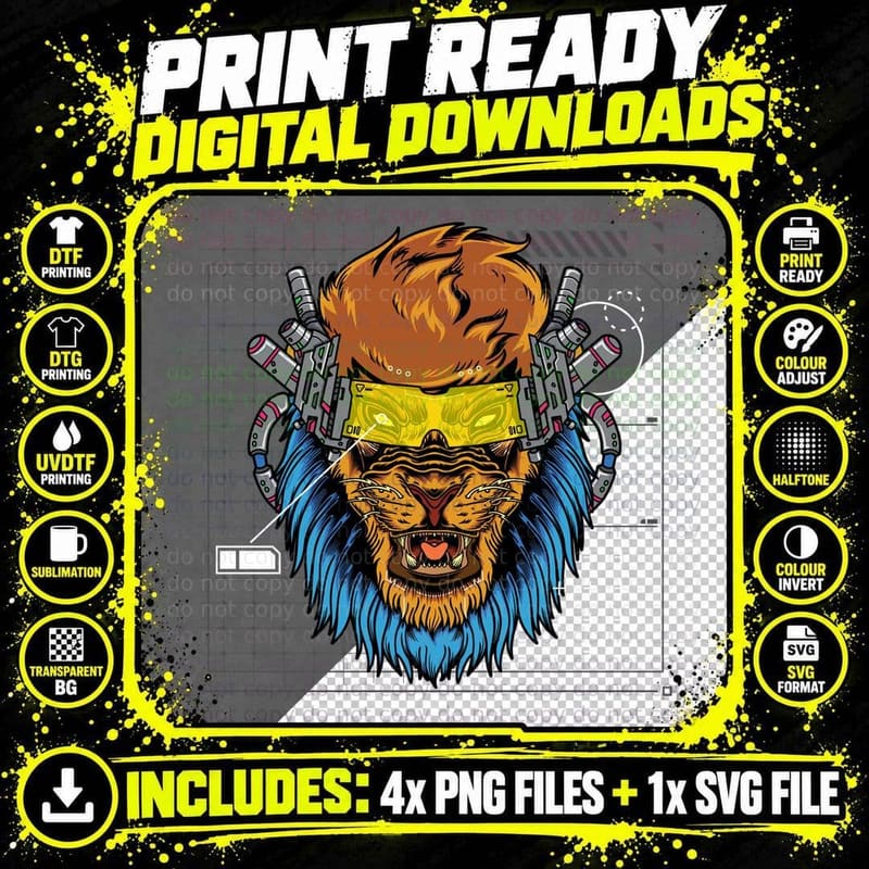 Cyborg Beast Cyberpunk Tech Lion Mechanical T-Shirt Png SVG Digital Bundle