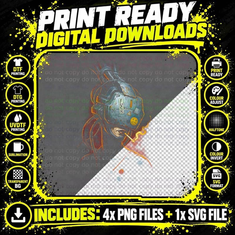 Cyborg Cyberpunk T-Shirt, Halftone Neon Cyborg Head Png SVG Digital Bundle