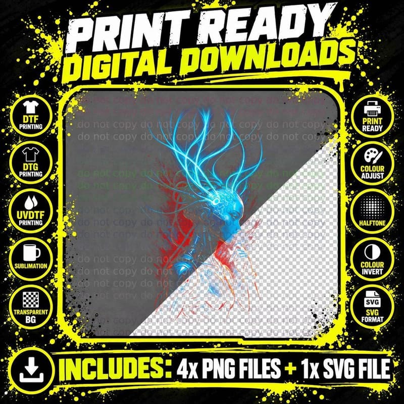 Cyborg Girl Cyberpunk T-Shirt, Halftone Energy Stream Png SVG Digital Bundle