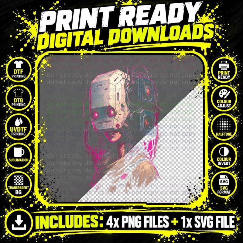 Cyborg Girl Cyberpunk T-Shirt, Halftone Half Face Cyborg Png SVG Digital Bundle