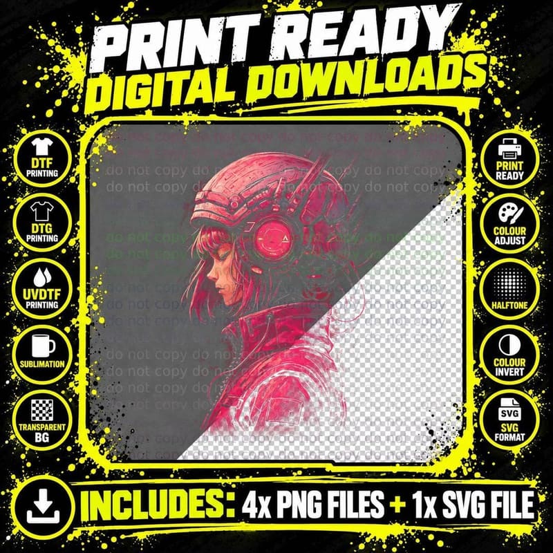 Cyborg Girl Cyberpunk T-Shirt, Halftone Pink Armor Girl Png SVG Digital Bundle