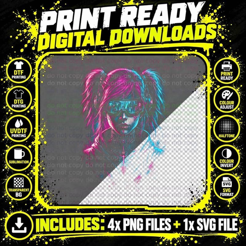 Cyborg Girl Cyberpunk T-Shirt, Halftone Split Hair Cyber Png SVG Digital Bundle
