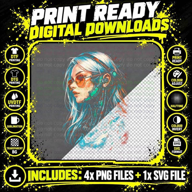 Cyborg Girl Cyberpunk T-Shirt, Halftone Sunglasses Png SVG Digital Bundle