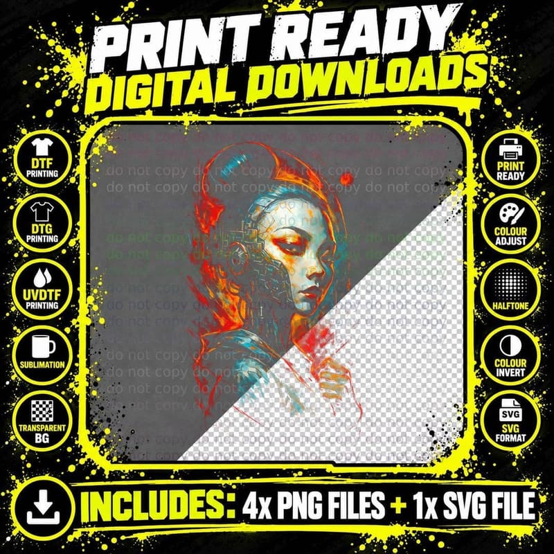 Cyborg Girl Cyberpunk T-Shirt, Halftone Temple Visor Png SVG Digital Bundle