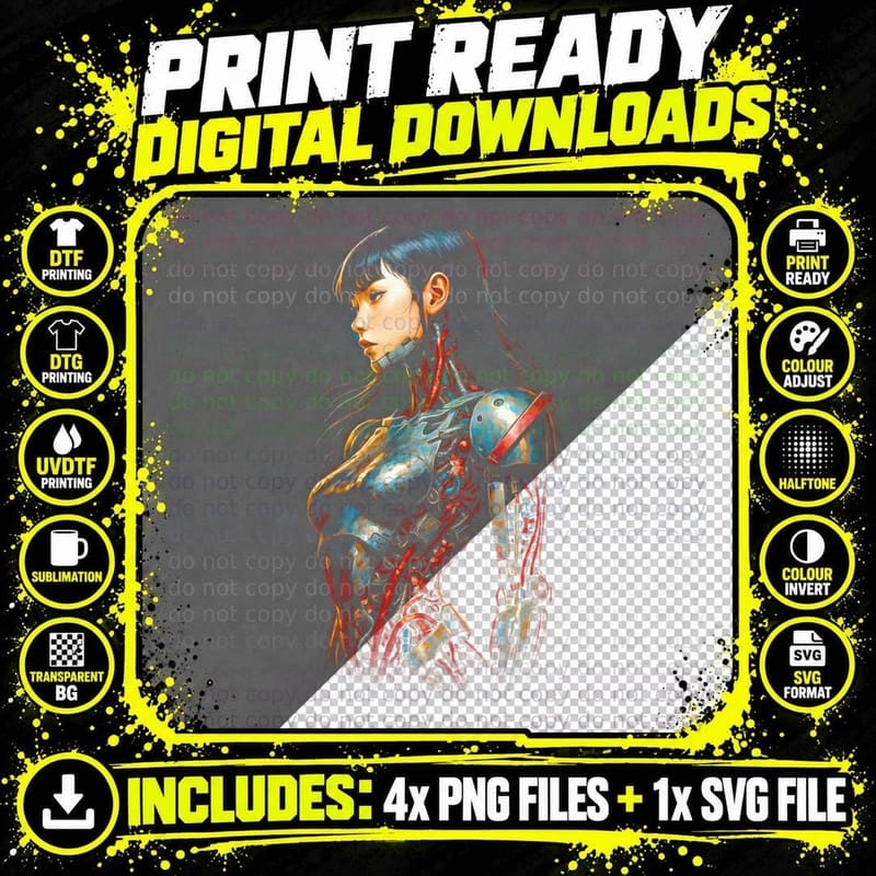 Cyborg Girl Cyberpunk T-Shirt, Halftone Tube Cyborg Png SVG Digital Bundle