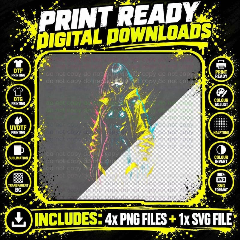 Cyborg Girl Cyberpunk T-Shirt, Halftone Yellow Armor Png SVG Digital Bundle