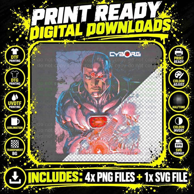 Cyborg Purple Neon Pink Mechanical Cyberpunk Portrait Png SVG Digital Bundle