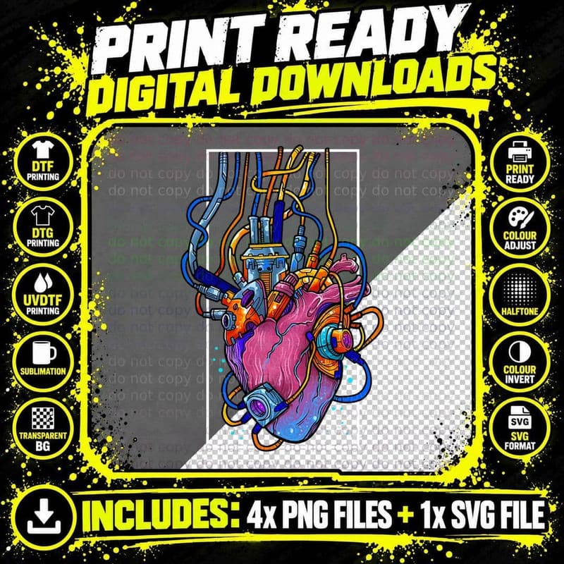 Cyborg Robot Heart Vaporwave Futuristic Cyberpunk Png SVG Digital Bundle