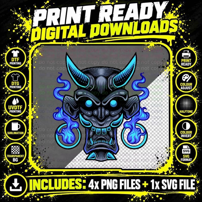 Demon Mask Horns Blue Neon Cyberpunk T-Shirt Png SVG Digital Bundle