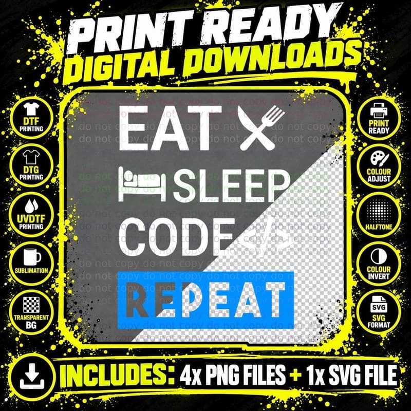 Eat Sleep Code Repeat Coding T-Shirt Png SVG Digital Bundle