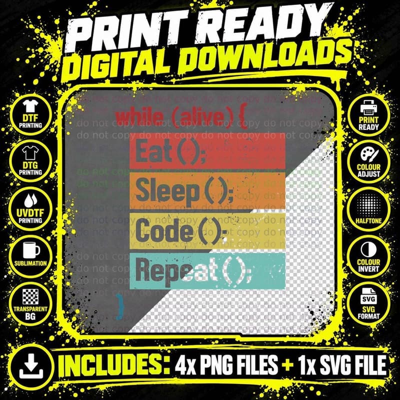 Eat Sleep Code Repeat Full Stack Coder Software Png SVG Digital Bundle