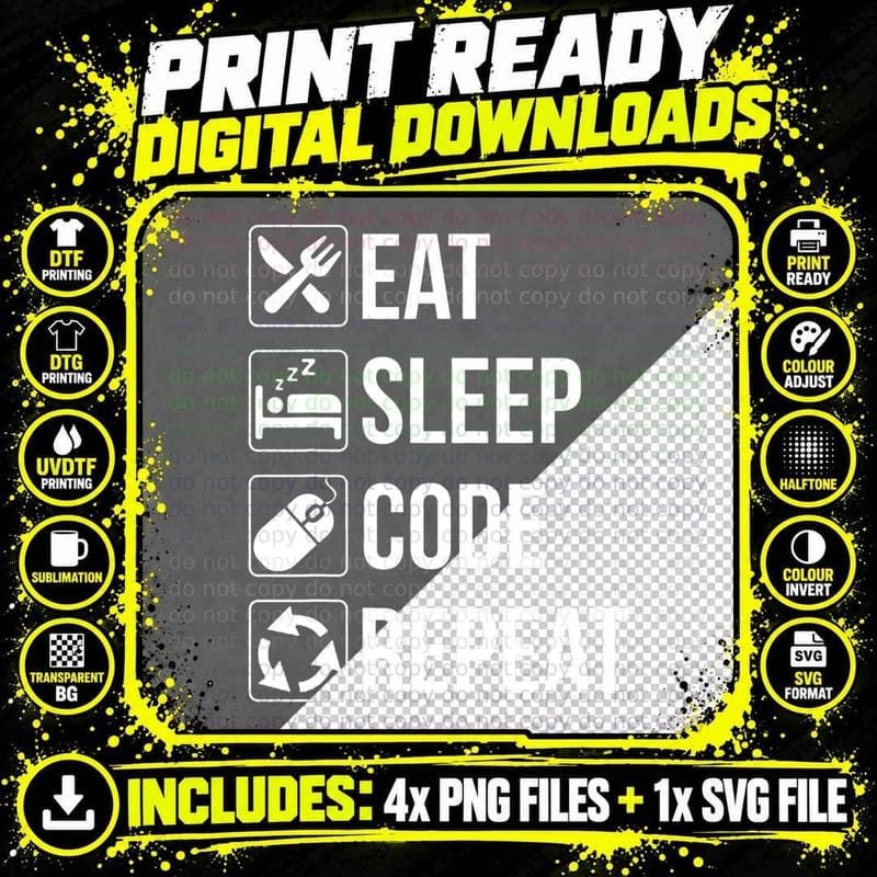 Eat Sleep Code Repeat T-Shirt, Nerd Coding Apparel Png SVG Digital Bundle