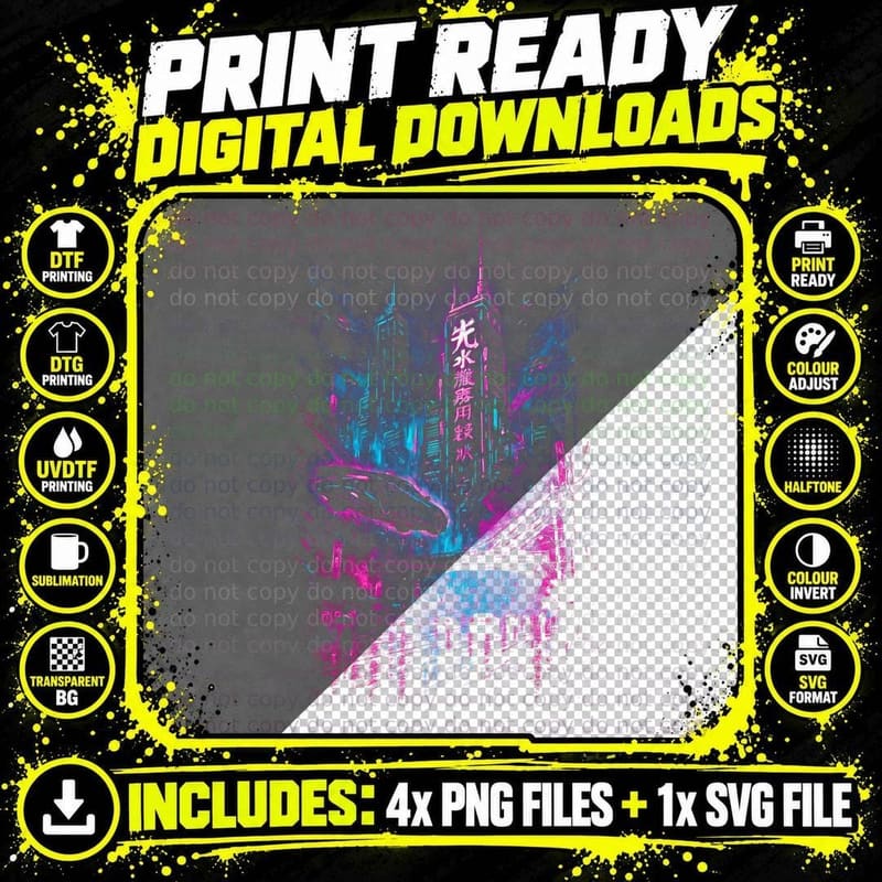 Flying Car Cyberpunk T-Shirt, Halftone Neon Flying Car Png SVG Digital Bundle