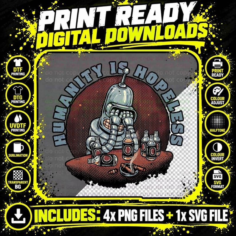 Futuristic Robot Drinking T-Shirt, Cyberpunk Aesthetic Png SVG Digital Bundle