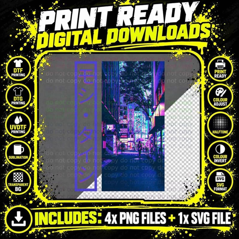 Japanese Glitch Cyberpunk Tokyo Streetwear Aesthetic Png SVG Digital Bundle