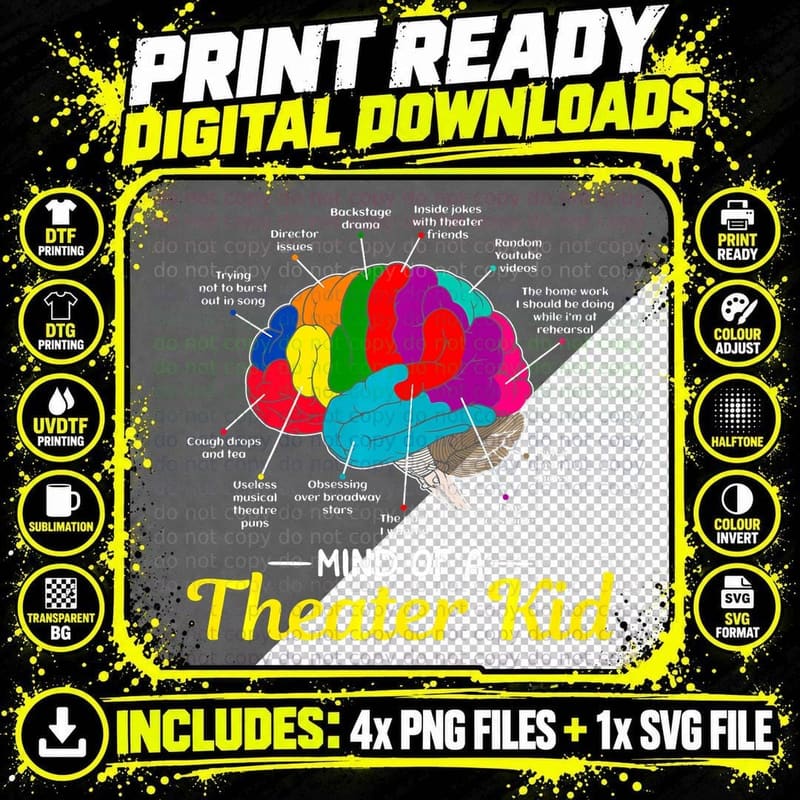 Mind of a Theater Kid Brain Musical Theatre Gift for Png SVG Digital Bundle