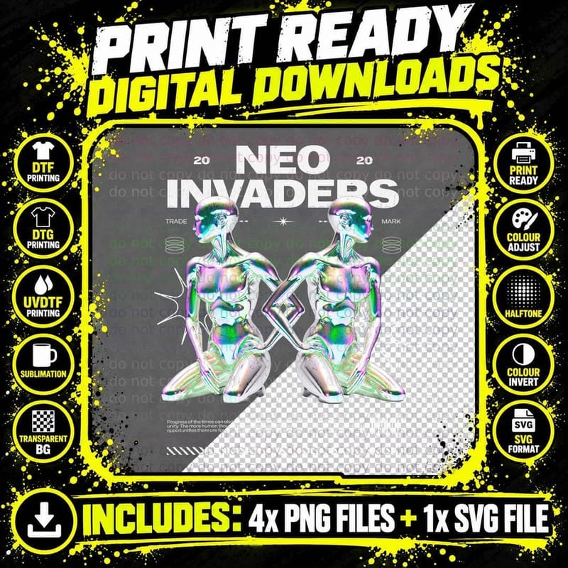 Neo Invaders 2020 Cyborg Figures Holographic Iridescent Png SVG Digital Bundle